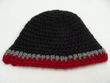 Black with Gray and Red Stripes - Handmade Baby Size Stocking Cap Beanie Hat 