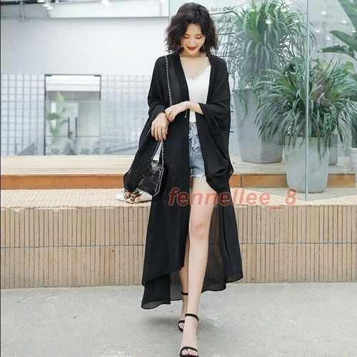 Damen Transparent Chiffon Kimono Lange Jacke Cardigan Schal Achselzucken Bolero Sommer Strand - Bild 17 von 25