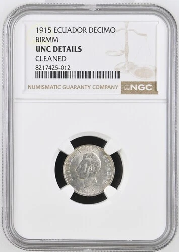 ECUADOR   DECIMO 1915  HEATON  y  KM # 50.4  NGC UNC DETAILS.