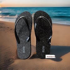 Michael Kors NIB MK Flip Flop PVC/Shiny Glitter Footbed Print Black-Choose Size