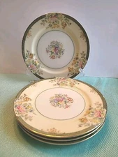 Mieto 6.5" Salad/Dessert Plate Green Border Flowers Gold Edge Set Of 4