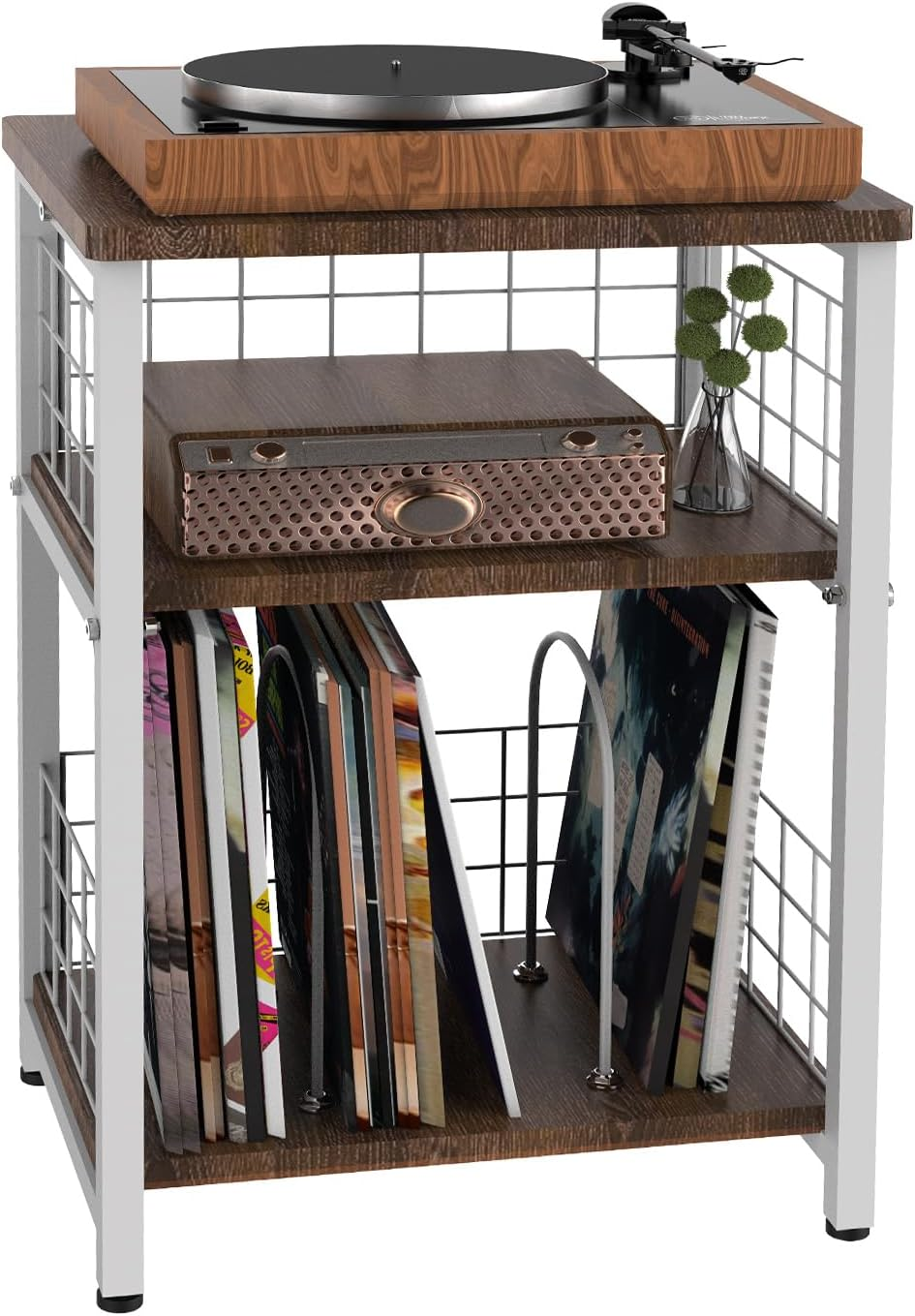 3-Tier Vintage Record Player Stand with Iron Wire Mesh Storage  -image