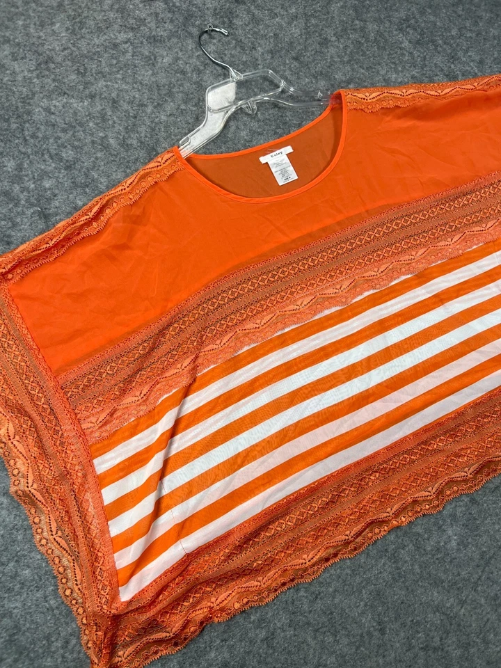 Camisa Esley Mujer Mediana Naranja Rayas Encaje Transparente Top Blusa Manga Kimono Foto 2 de 4