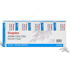 Staples Smooth Jumbo Paper Clips, Silver, 1000 Clips/Pack, 10/Pack A7026605/7257