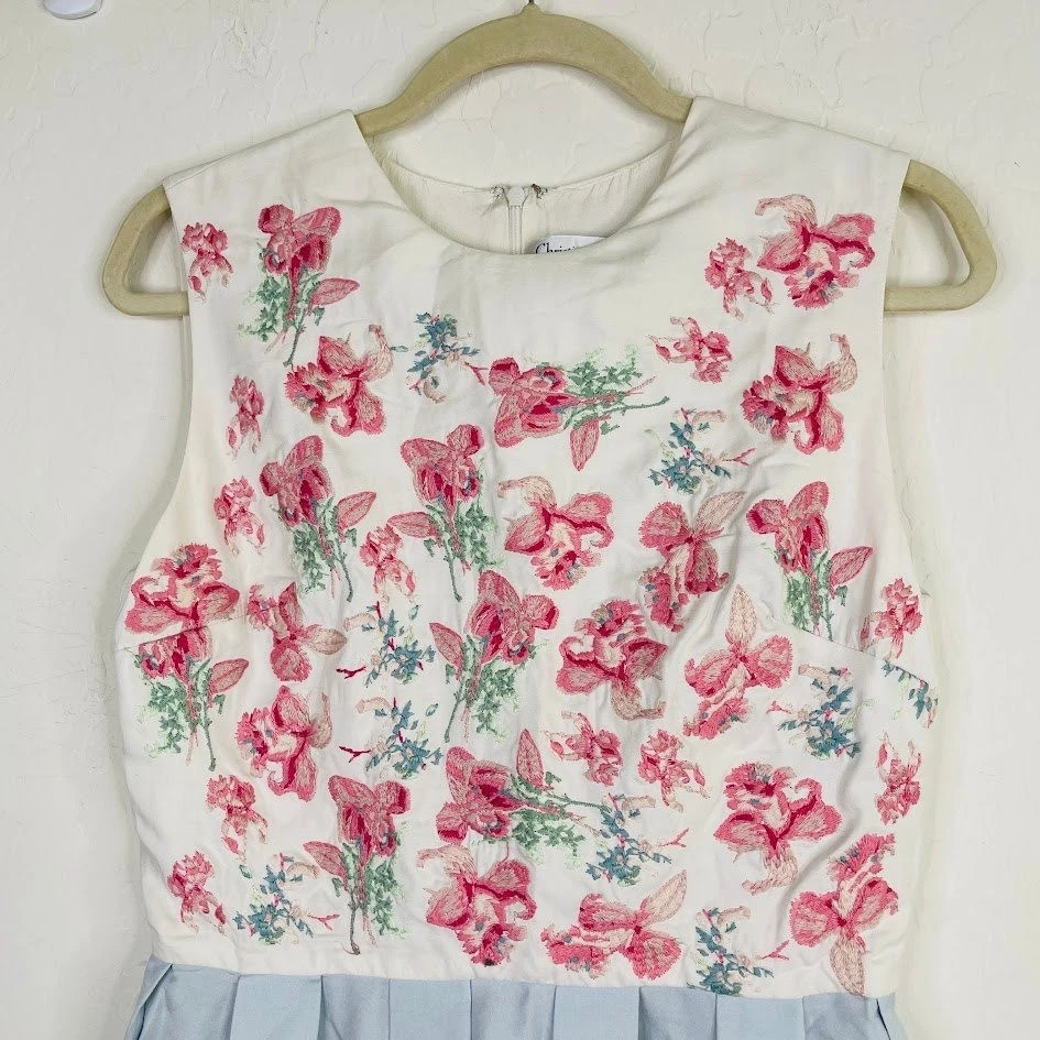 Mini Vestido Christian Dior Floral Bordado Línea A Algodón Seda Cabaña Talla 6 Foto 2 de 4