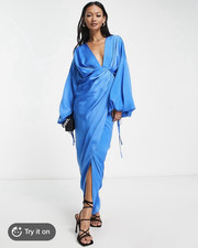 ASOS DESIGN Women’s 6 Blue Satin Draped V-Neck Balloon Sleeve Maxi Dress Slit