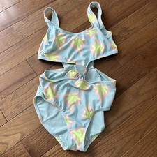 Girls Palm Tree One Piece Bathing Suit Size 14/16 XL Old Navy Light Blue Bow