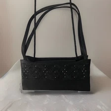 Black Evening Bag Clutch Purse Snap Close Handles Or Shoulder Strap Inner Pocket