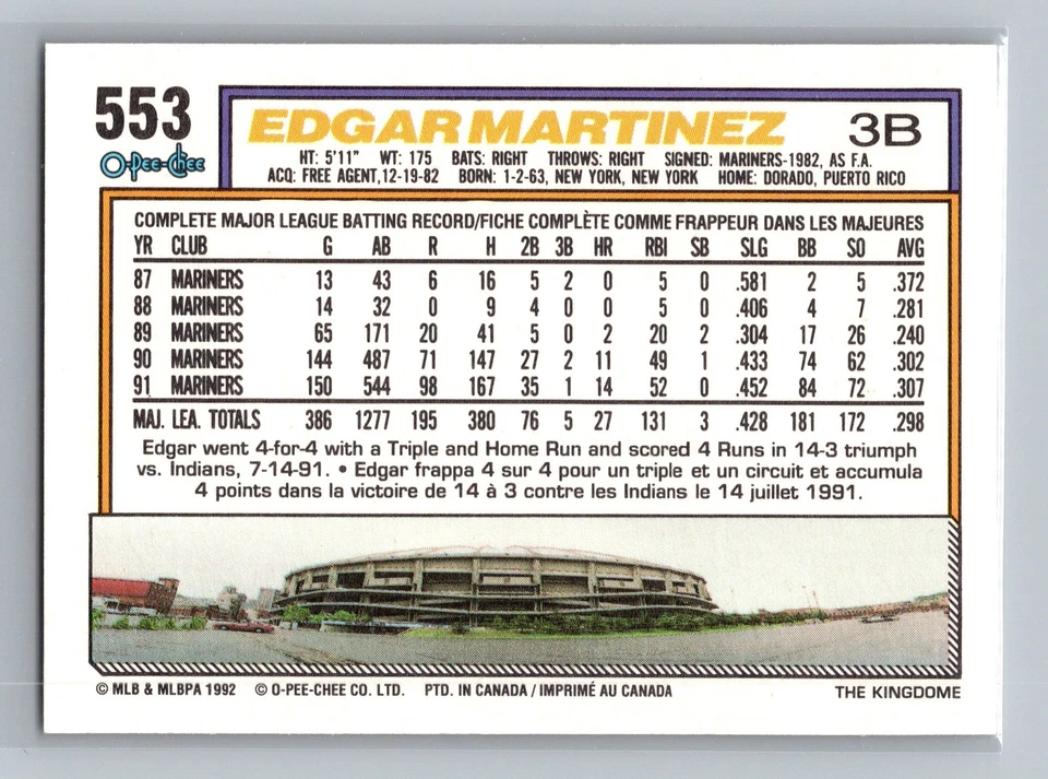 1992 O-Pee-Chee #553 Edgar Martinez Seattle Mariners - Image 2 of 2