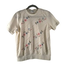 Alfred Dunner Knit Pullover Top Med Petite Cream W Floral Embroidery Beads