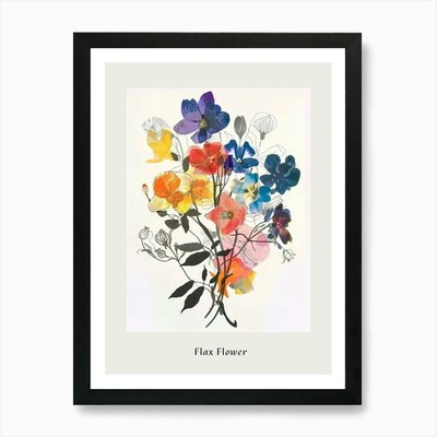 Flachs Blume Collage Blumenstrauß gerahmt Wandbild Poster Leinwanddruck Bild