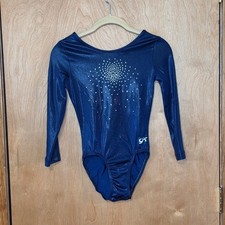 GK Competition Leotard Kids Medium Navy Blue Rhinestone Long Sleeve Gymnastics