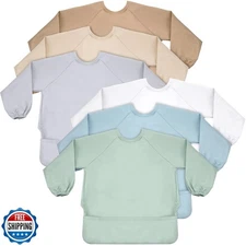 Jeyiour 6 Pack Long Sleeve Baby Bibs Mess Proof Bib Washable Feeding Bib Wate