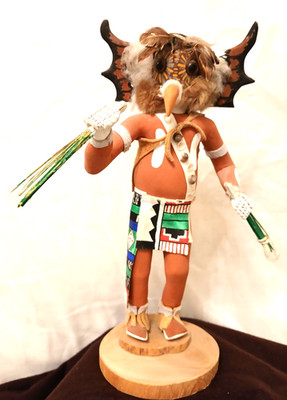 Coole Navajo Hopi handgeschnitzte bemalte Muscheln Federn ''Eule'' Kachina 12'' unsigniert