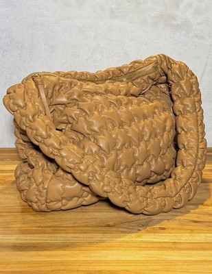 Sondra Roberts Quilted Puffy Hobo Shoulder Bag Brown Faux Leather Large