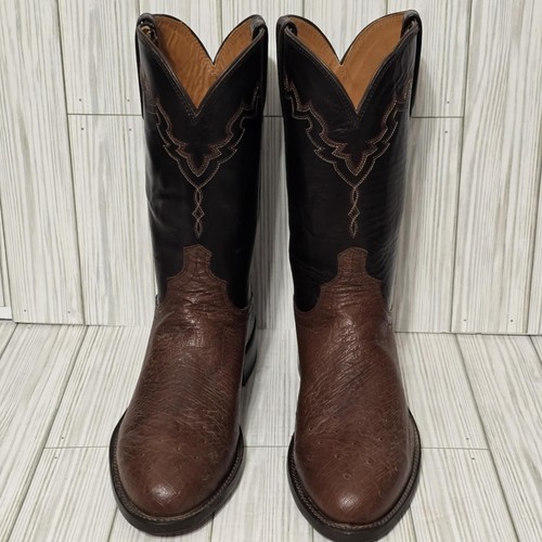 Lucchese Brown/Black Genuine OSTRICH Round Toe Western Men's 8.5D Cowboy Boots - Picture 5 of 20