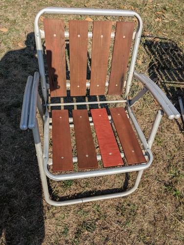 Vintage MCM Redwood 4 Slat Folding Lounge Lawn Chair Aluminum Mid Century Retro