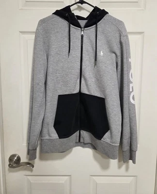 Polo Ralph Lauren Double Knit Full Zip Hoodie Grey Black Sleeve Logo Men's Size - Image 1 of 4