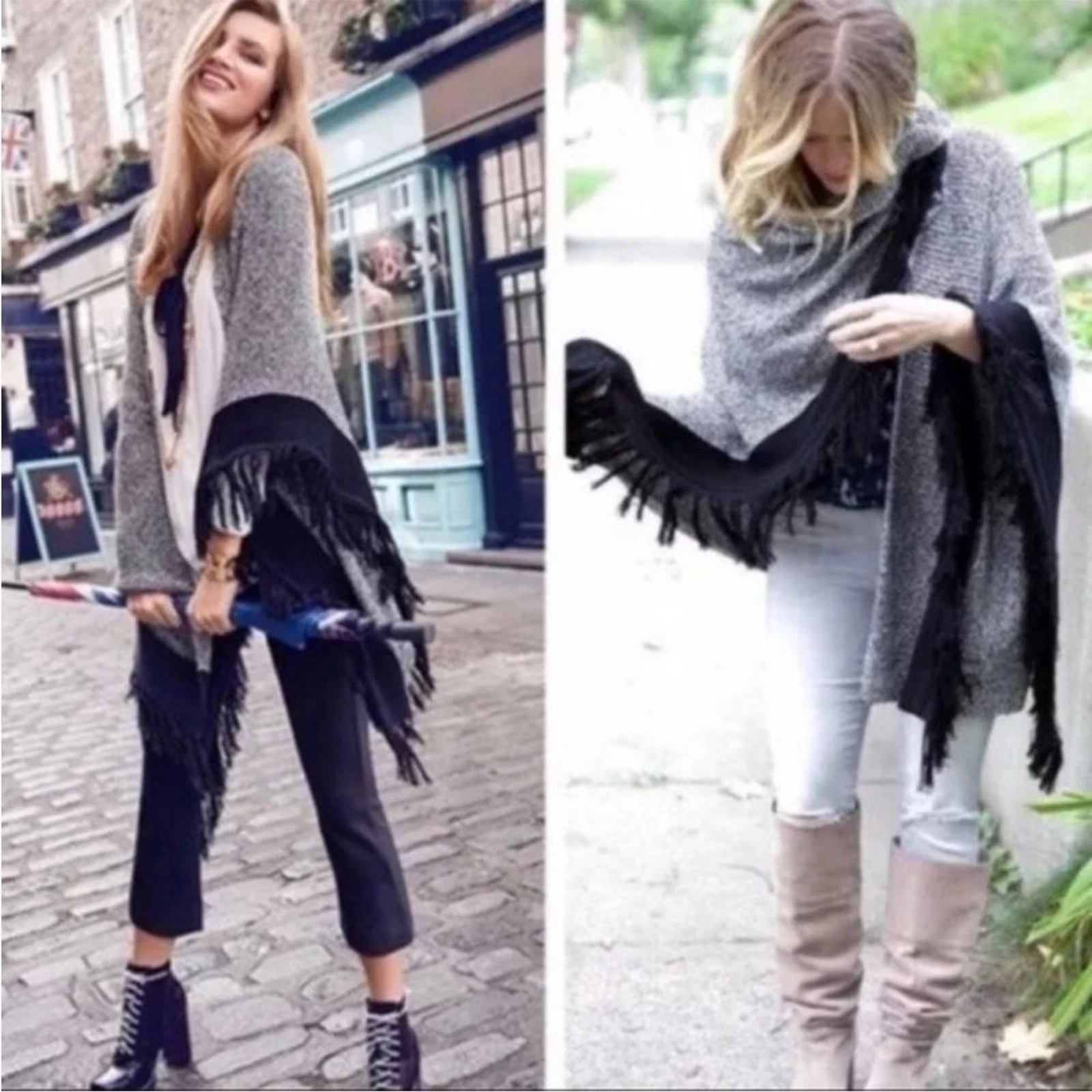 CAbi Style 3361 Pepper Knit Black and White Cape Poncho Wrap One Size
