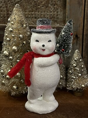 Paper Mache Frosty Sparkles Snowman Vintage Style Mica Snow w Bottle Brush Tree