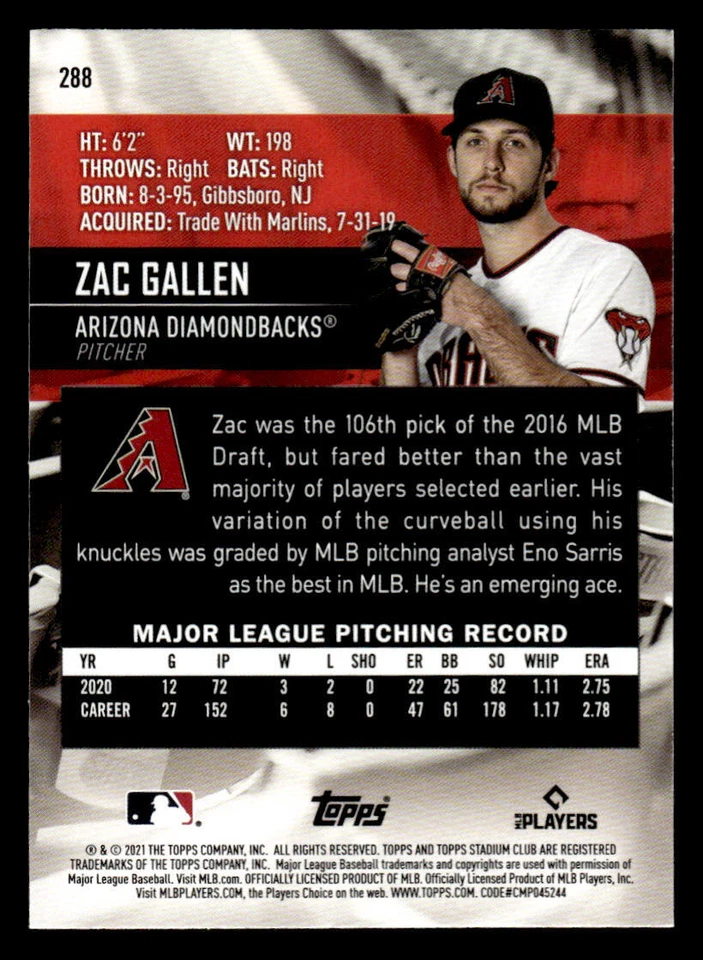 Zac Gallen 2021 Stadium Club Photographer's Proof #288 - Image 2 of 2