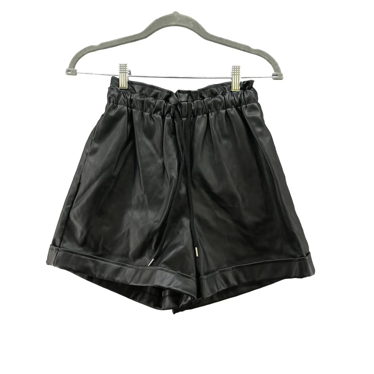 Topshop Womens Faux Leather Black Shorts Size 2 Relaxed High Waisted  Drawstring