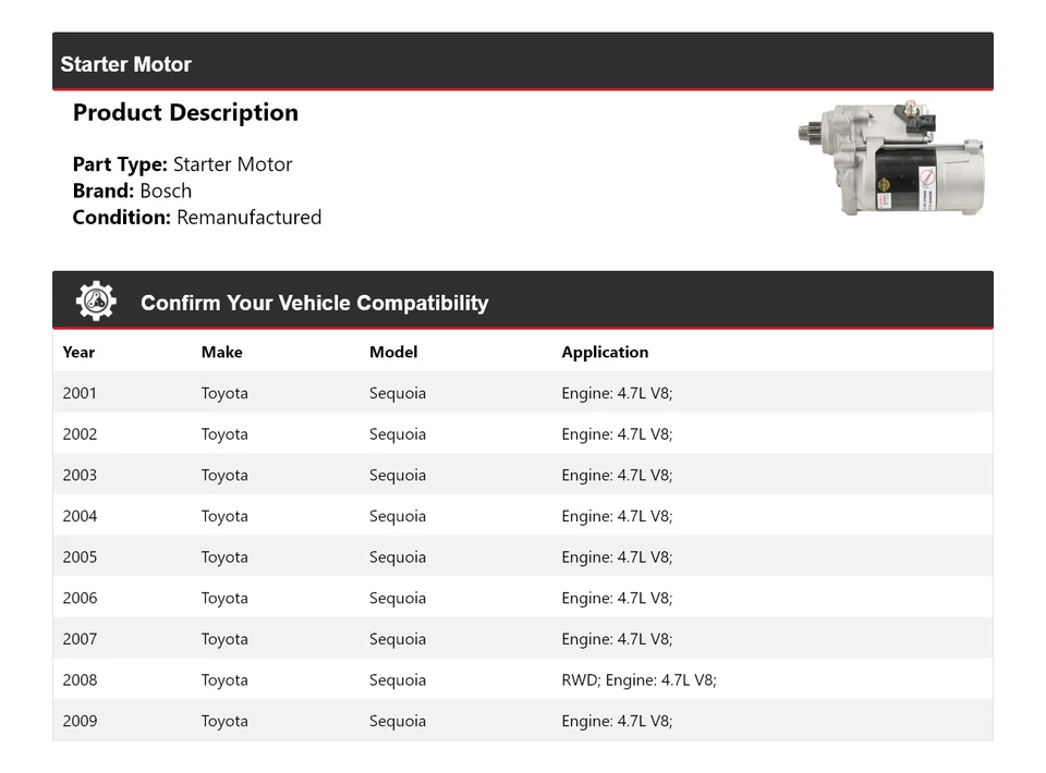 Arranque Bosch V8 4,7 L 2001-2009 Toyota Sequoia (remanufacturado) 2002 2003 Foto 2 de 4