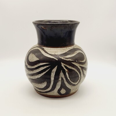 Vtg Studio Pottery Mid Century Modern Artist Signed Black and Cream Butterfly