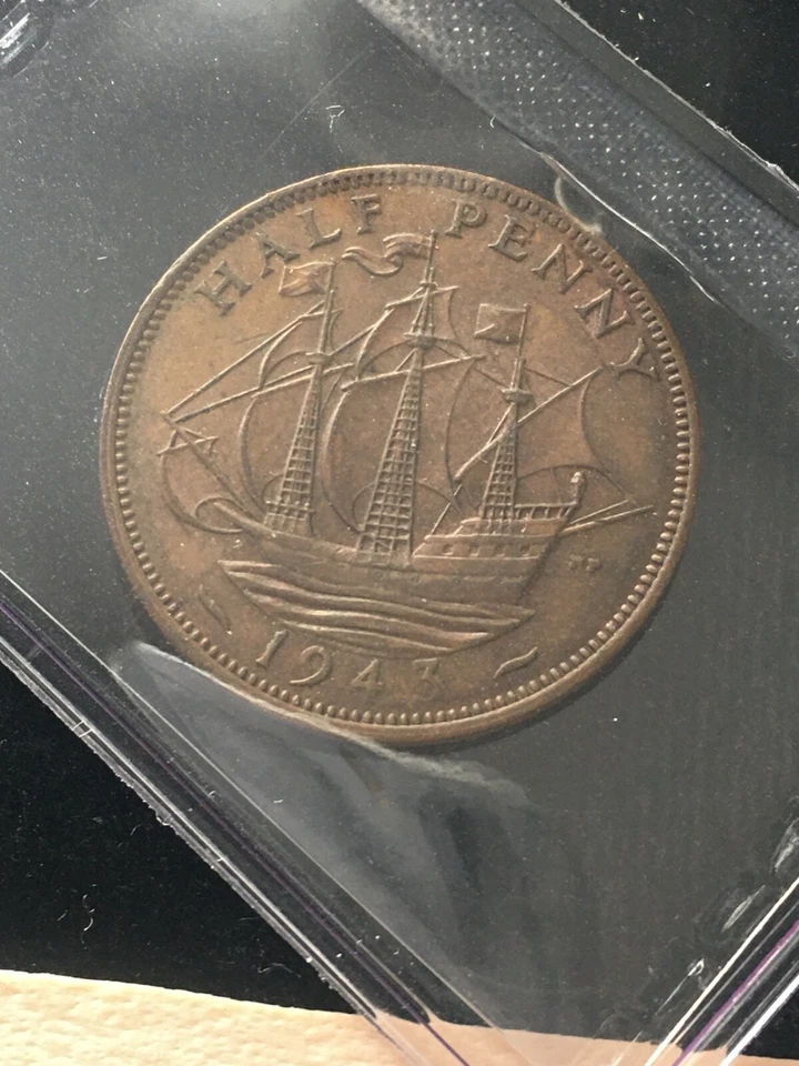 1943  Great Britain,  1/2 Penny, Coin Mart  Graded **AU-50** KM# 844 - Image 4 of 4