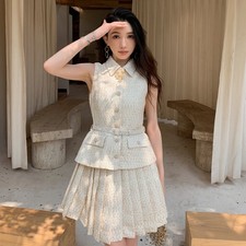New Womens Sleeveless Dress Tweed Slim Fit OL Lapel Dress High Waist Short Skirt