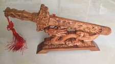 Peach Wood Sword Rack Wooden Carved Home Office Table Holder Feng Shui Decor