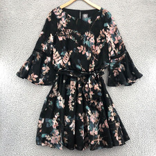 Vince Camuto Dress Women 4 Black Floral Mini Bell Sleeves Blouson Watercolor NWT