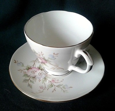 DUCHESS TEA DUO BONE CHINA TEETASSE UND UNTERTASSE ROSA UND BLAUE BLÜTEN GRÜNE BLÄTTER