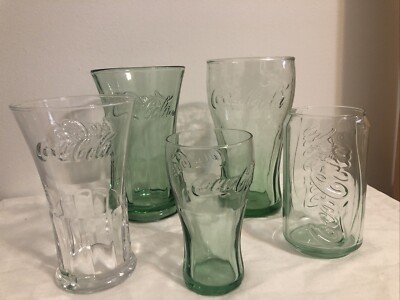 5 Coca-Cola glasses different styles/sizes