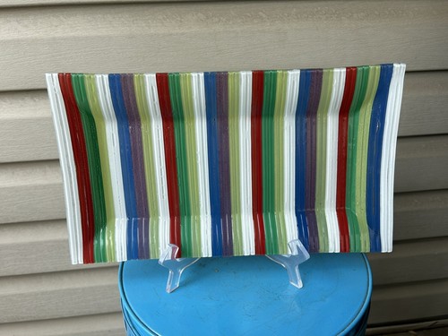 Rainbow Striped Colorful Fused Glass Rectangular Plate Tray 13.5" Retro Whimsy