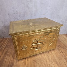 Vintage Wood and Embossed Brass Coal or Slipper Box Galleon Ships 41x28x28cm