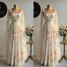 Wedding Dresses with Cape 3D Flowers Square Neck A Line Beach Bridal Gowns