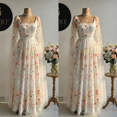 Wedding Dresses with Cape 3D Flowers Square Neck A Line Beach Bridal Gowns