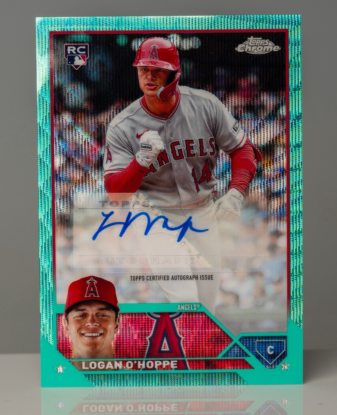 2023 Topps Chrome Update Logan O'Hoppe Rookie Auto Aqua Wave Refractor RC /199