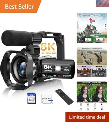 Compact 8K Video Camera with Fill Light, Remote & Dual Batteries Included