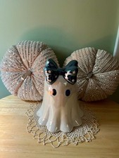 Ceramic Ghost Figurine with Polka Dot Bow and Decorative Sequin Pumpkins