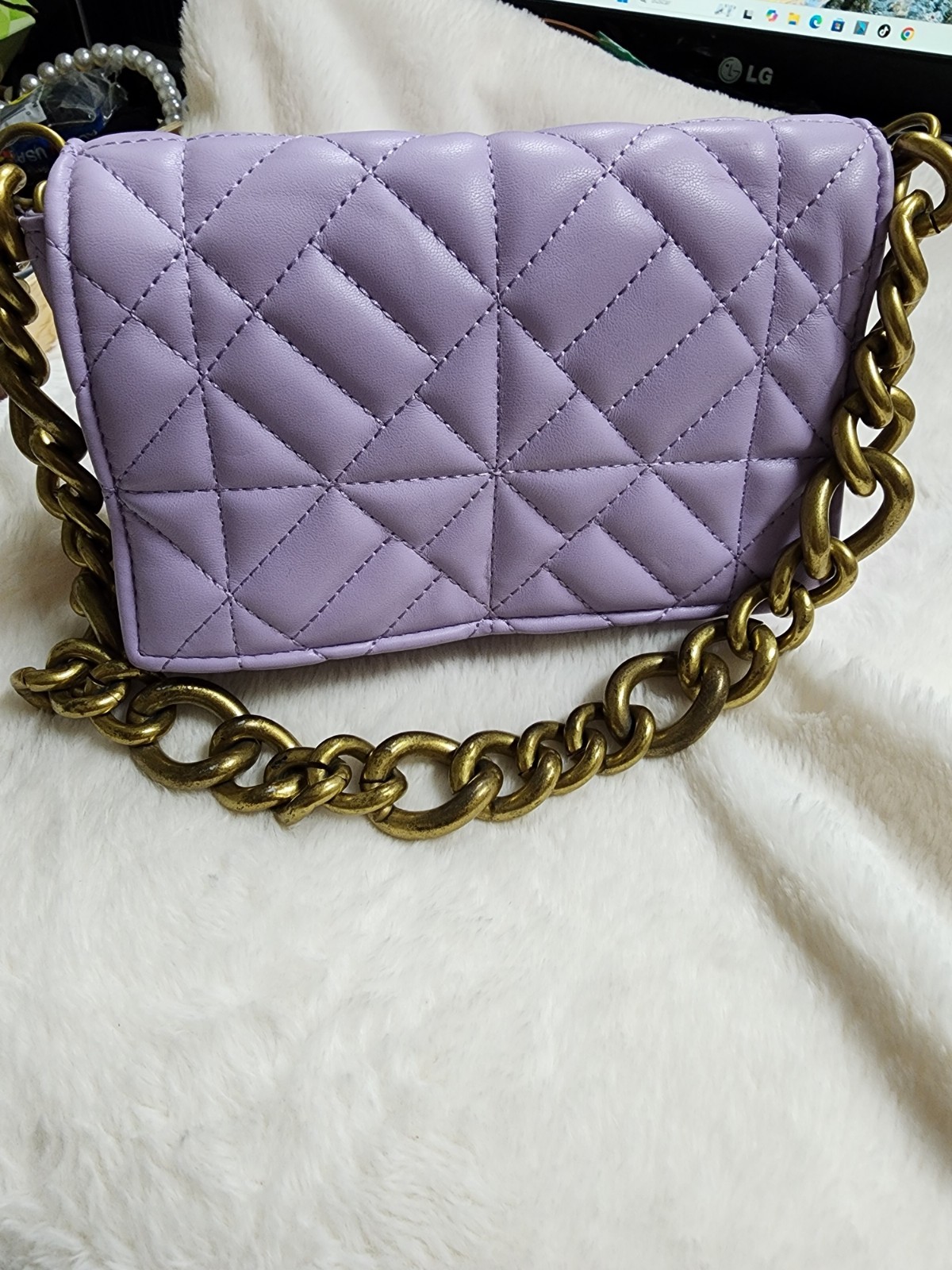 Zara Lavender Quilted Shoulder Bag Chain Strap Gold Hardware for Women