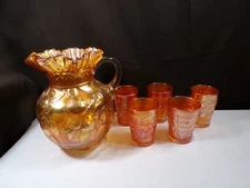 Vintage Fenton Marigold Carnival Glass Apple Tree Water Set Pitcher & 5 Tumblers