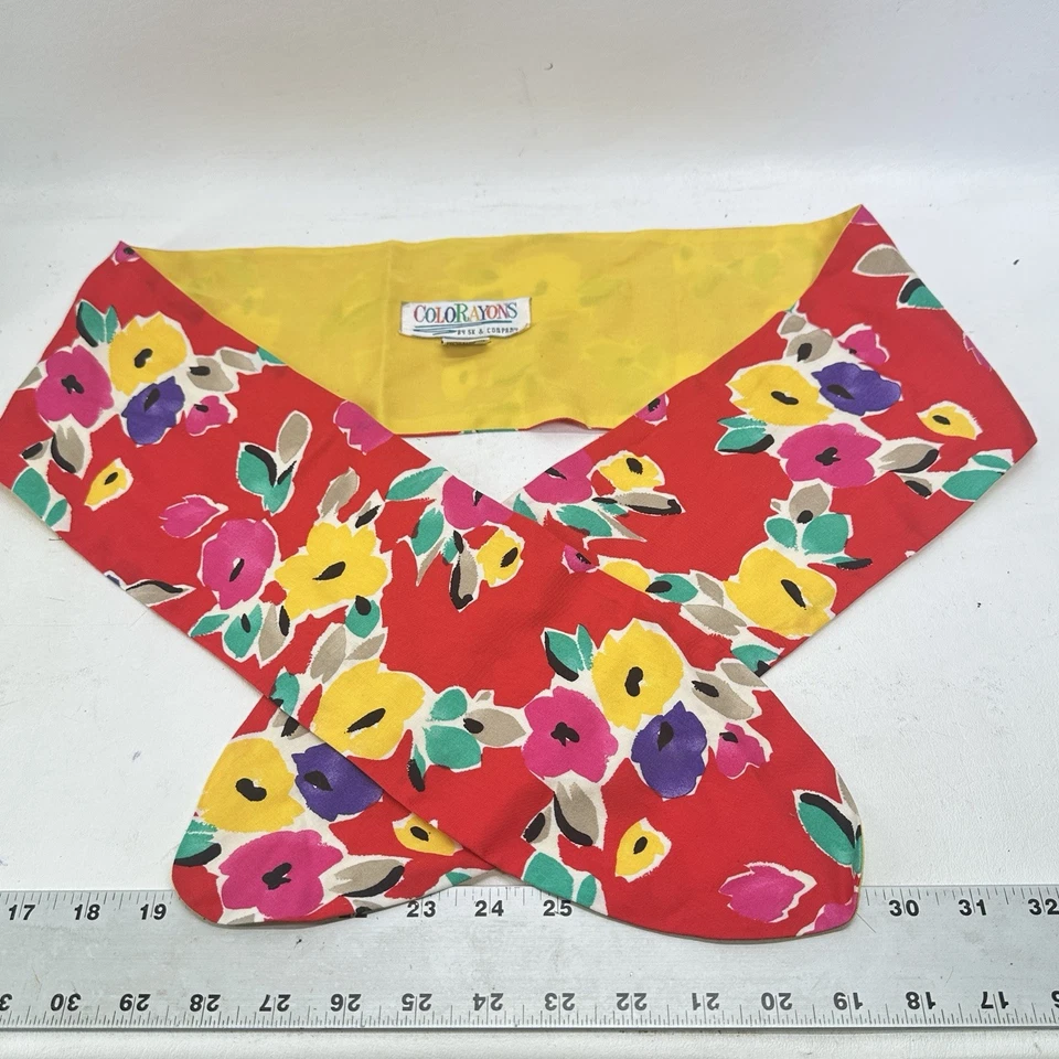Vintage ColoRayon Tie Belt OS Bright Multicolor Floral Lined Rayon Wide - Image 2 of 4