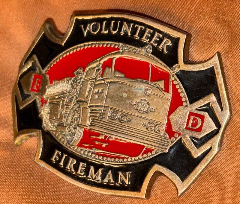 Used Black & Dark Red Volunteer Firefighter Enamel, “Plate” Style Belt Buckle