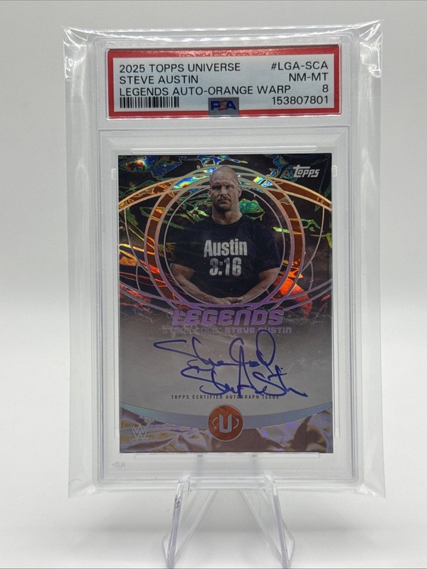 2025 Topps Universe WWE Steve Austin Legends Autograph Orange Warp /25 PSA 8