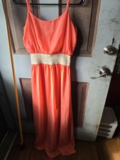 Charming Charlie Coral Chiffon Maxi Dress Scoop Neck Crochet Waist S