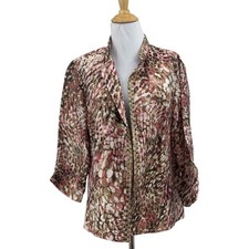 Chicos Jacket Womens 2 Linen Blend Animal Beaded Trim Open Front 3/4 Sleeves