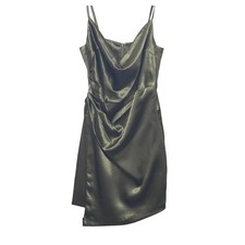 NWT Satin Cowl Neck Ruched Mini Slip Olive Green Cocktail Dress Size Small