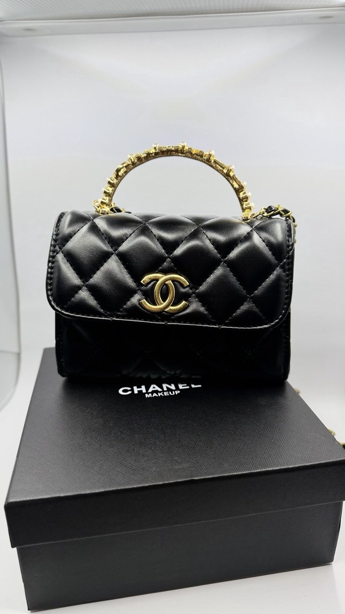 Chanel Makeup Quilted Mini Bag Style Black Gold CC Cosmetic Pouch